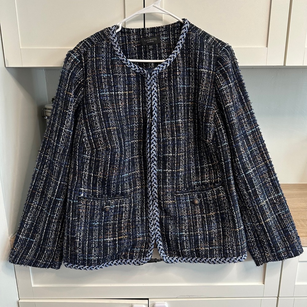 Talbots Women's Tweed Jacket Sz 16WP Academia Braided Trim Crest Buttons Capsule